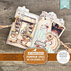 Può includere: Kit di diario digitale stampabile Pumpkin Spice senza cuciture. Il diario presenta un tema autunnale con immagini di zucche, un negozio e una bevanda al caffè. Le dimensioni assemblate sono di circa 10,8 x 16,5 cm.