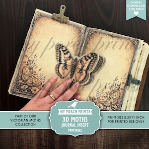 May include: An open journal insert featuring vintage-style beige pages with ornate dark brown borders, botanical illustrations of moths, and a central 3D layered paper moth cutout. The text reads My Porch Prints 3D Moths Journal Insert, 21.6x27.9 cm.