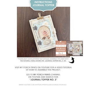 May include: A journal topper with a vintage design, featuring a central oval with a pink rose and the word "Heirloom." The topper is held by a gold clip and includes the text "Instructions Journal Topper."