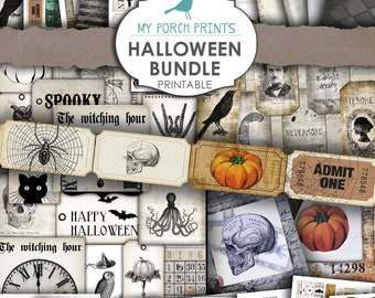 May include: A printable Halloween bundle with images of pumpkins, skulls, bats, owls, spiders, and more. The bundle includes the text "My Porch Prints Halloween Bundle Printable".