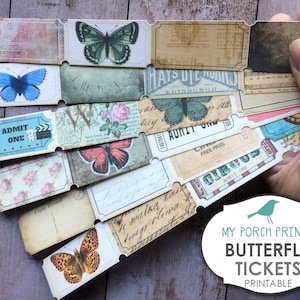 Butterfly Tickets,  Printable Ephemera, Junk Journal Kit, Collage Sheet, Paper, Vintage, Ticket, Cards, Embellishment, Scrapbook, Download