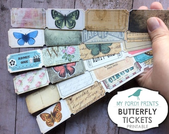 Butterfly Tickets,  Printable Ephemera, Junk Journal Kit, Collage Sheet, Paper, Vintage, Ticket, Cards, Embellishment, Scrapbook, Download