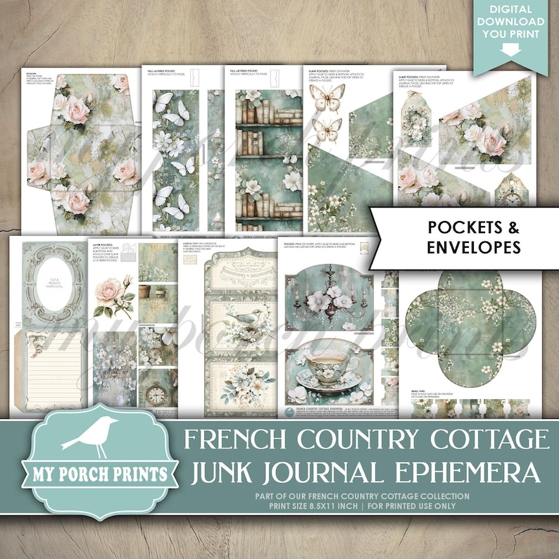 French Country Cottage EPHEMERA, Junk Journal, Kit, Vintage, Blue ...
