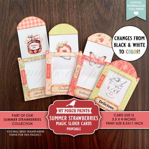 May include: Four magic slider cards featuring strawberry-themed illustrations including a jam jar, a strawberry, a butterfly, and a dessert. Each card has a patterned frame and a pull-out tab. Text includes 'Strawberry Jam', 'Strawberry', 'Butterfly', and 'Delicious'. Card size is 3.5 x 4 inches.