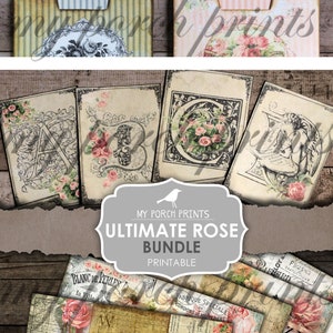 May include: A digital download bundle featuring vintage-style rose-themed printable papers and file folders. The bundle includes decorative papers with floral and script designs, along with file folders with striped and floral patterns. The text "Ultimate Rose Bundle Printable" is visible.