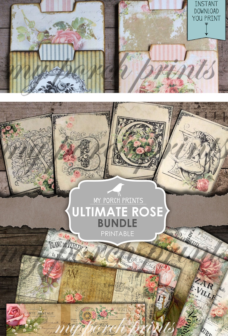 May include: A digital download bundle featuring vintage-style rose-themed printable papers and file folders. The bundle includes decorative papers with floral and script designs, along with file folders with striped and floral patterns. The text "Ultimate Rose Bundle Printable" is visible.