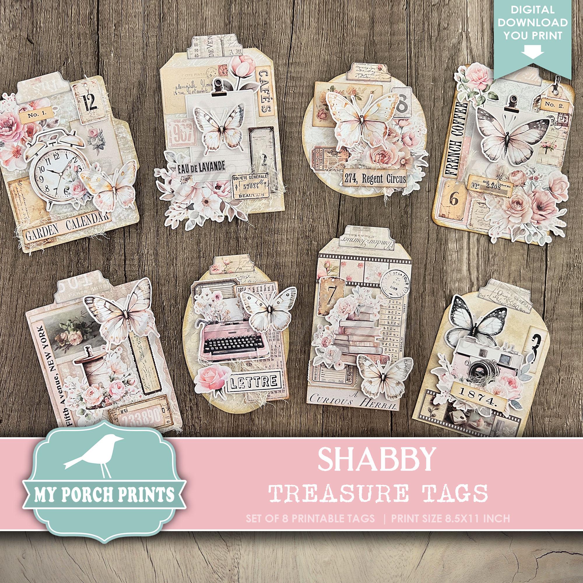 Shabby Treasure Tags Kit, Junk Journal, Ephemera, Fussy Cuts, Pink, Tag, Vintage, Matching, Set, Roses, My Porch Prints, Digital Download