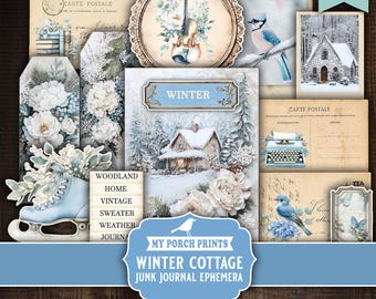 Winter Cottage Junk Journal EPHEMERA Kit, Vintage, Snow, Blue, White, Floral, Cozy, Season, My Porch Prints, Printable, Digital Download