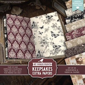 May include: A journal with open pages featuring patterned paper. One page has a burgundy damask design, the other has a cream background with black butterflies and floral elements. A stack of patterned papers is visible on the right. The text reads "Keepsakes Extra Papers".