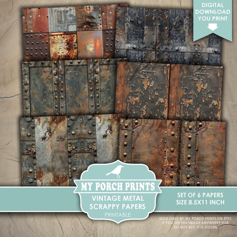 Vintage Metal Scrappy Papers, Junk Journal, Pages, Masculine, Men, Grunge, Backing, Rusty, Man, My Porch Prints, Printable, Digital Download image 4