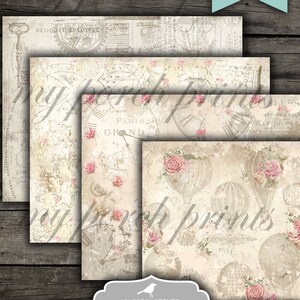 May include: Four printable digital papers in a shabby steampunk style. The papers feature a vintage aesthetic with clocks, hot air balloons, and roses in shades of pink and cream. The papers are 8.5 inches by 11 inches.