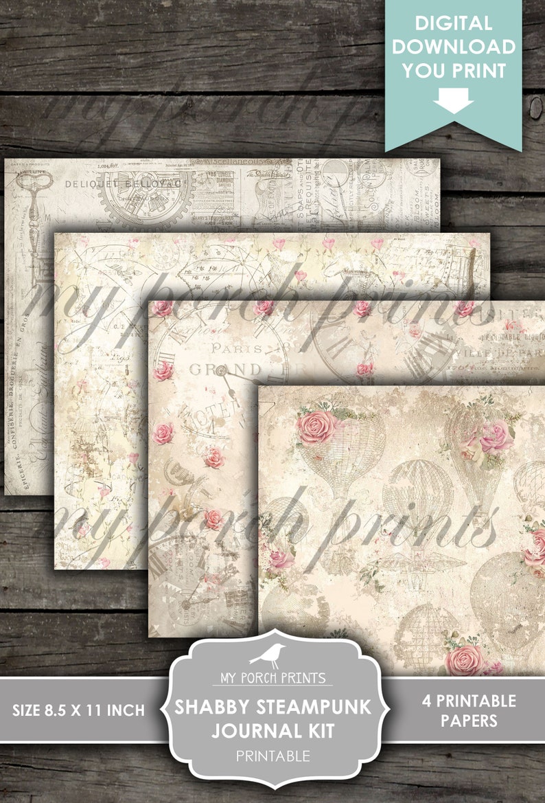 May include: Four printable digital papers in a shabby steampunk style. The papers feature a vintage aesthetic with clocks, hot air balloons, and roses in shades of pink and cream. The papers are 8.5 inches by 11 inches.