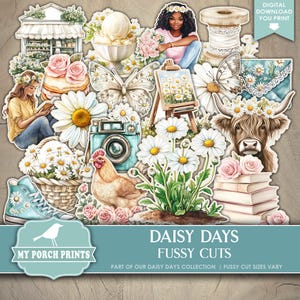 Daisy Days FUSSY CUTS, Flowers Cottage Blue Yellow Kit Planner Cricut Farm Country My Porch Prints, Printable, Digital Download