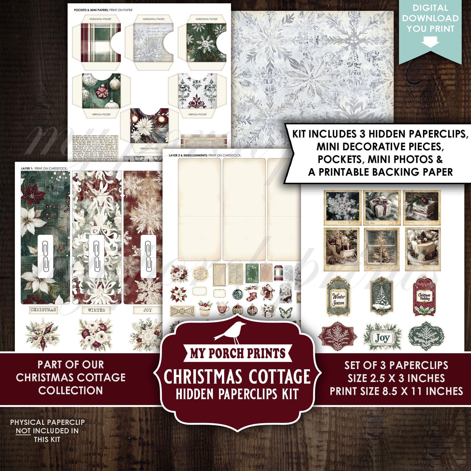 Christmas Cottage Hidden Paperclips Kit, 3, Junk Journal, Bookmark ...