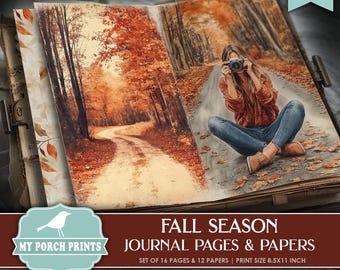 May include: A set of 16 printable journal pages and 12 papers with a fall theme. The pages feature a rustic brown background with a path through a forest with autumn leaves. The papers feature a woman sitting on the path with a camera in her hand. The text "FALL SEASON JOURNAL PAGES & PAPERS" is displayed in a red banner at the bottom of the image. The text "SET OF 16 PAGES & 12 PAPERS | PRINT SIZE 8.5X11 INCH" is displayed below the banner.