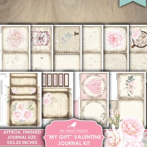 May include: Printable Valentine's Day journal kit with a pink and white floral design. The kit includes pages for journaling, a cover, and decorative elements. The finished journal size is 5x5.25 inches.