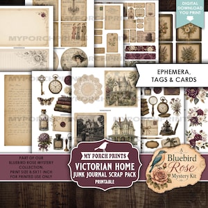 May include: A digital printable junk journal scrap pack featuring Victorian home ephemera, tags, and cards. The collection includes vintage illustrations of houses, pocket watches, keys, inkwells, floral arrangements, and handwritten letters on aged paper.
