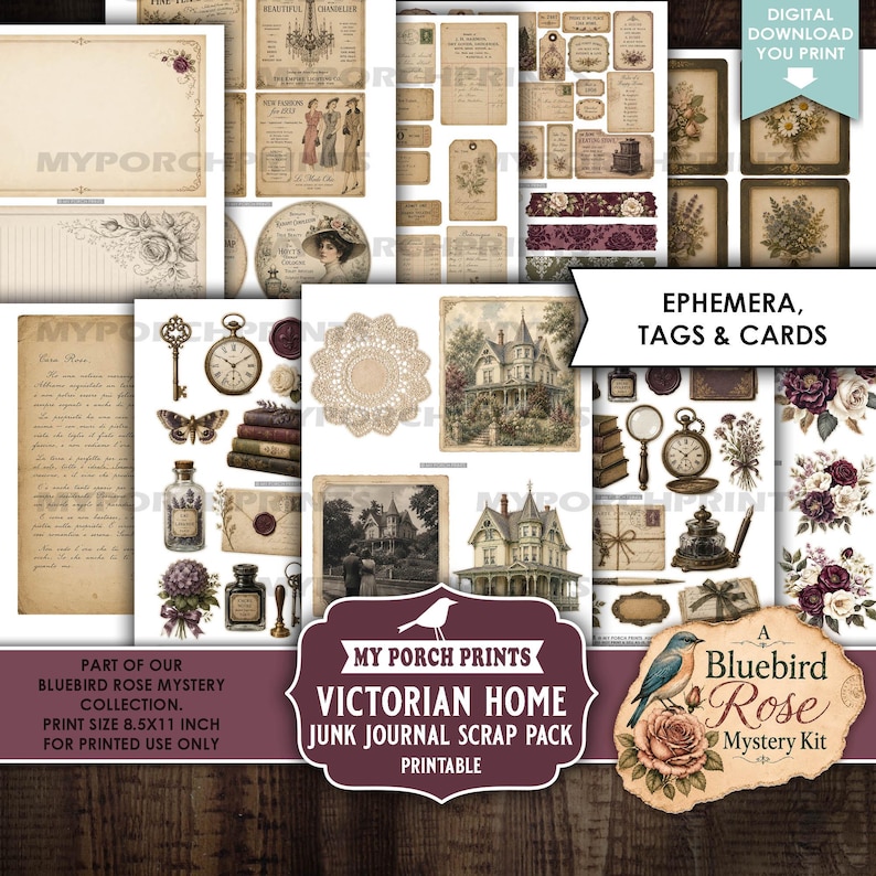 May include: A digital printable junk journal scrap pack featuring Victorian home ephemera, tags, and cards. The collection includes vintage illustrations of houses, pocket watches, keys, inkwells, floral arrangements, and handwritten letters on aged paper.
