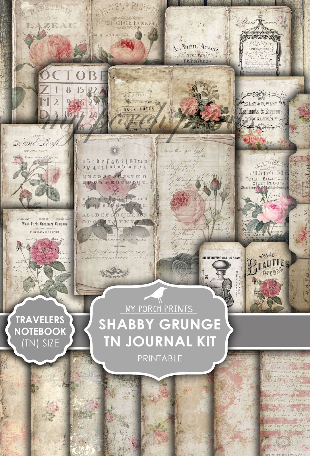 Shabby Grunge TN Junk Journal Kit, Travelers Notebook, Roses, Vintage ...
