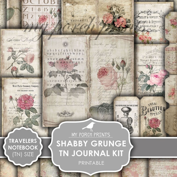Shabby Grunge TN Junk Journal Kit, Travelers Notebook, Roses, Vintage, Ephemera, My Porch Prints, Victorian, Digital, Download, Printable
