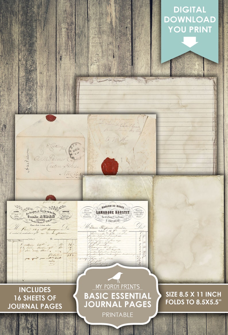 Puede incluir: P&aacute;ginas de diario imprimibles con una est&eacute;tica vintage. Las p&aacute;ginas presentan una variedad de dise&ntilde;os, incluyendo papel rayado, sobres y recibos. Las p&aacute;ginas miden 21,6 cm por 27,9 cm y se pliegan a 21,6 cm por 14 cm.