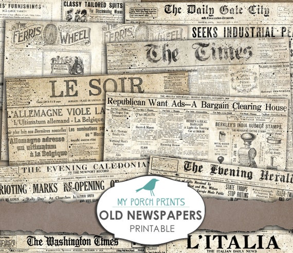 Junk Journal, Old Newspapers, Printable Paper, Newsprint, Digital Kit,  Ephemera, My Porch Prints, Shop, Neutral, Tea Dyed, Vintage, Download 