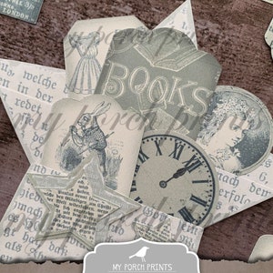 Puede incluir: Un inserto de bolsillo imprimible para un bolsillo en forma de estrella. El inserto presenta una est&eacute;tica vintage con im&aacute;genes de libros, un reloj, un conejo y una mujer. El texto "MY PORCH PRINTS STAR POCKET INSERT PRINTABLE" est&aacute; en la parte inferior del inserto.