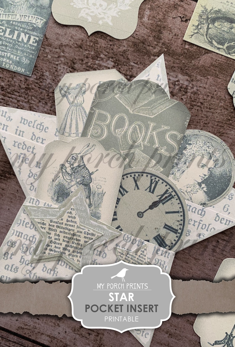 Puede incluir: Un inserto de bolsillo imprimible para un bolsillo en forma de estrella. El inserto presenta una est&eacute;tica vintage con im&aacute;genes de libros, un reloj, un conejo y una mujer. El texto "MY PORCH PRINTS STAR POCKET INSERT PRINTABLE" est&aacute; en la parte inferior del inserto.