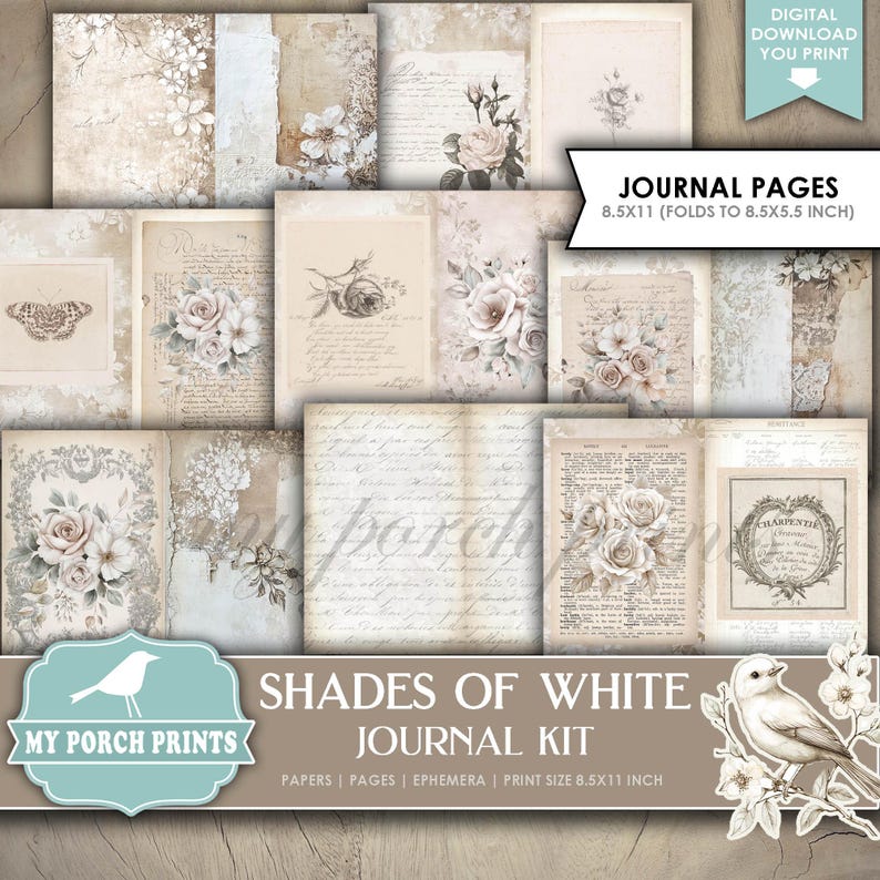 May include: A printable journal kit with a vintage aesthetic. The kit features pages with white roses, butterflies, and handwritten text. The pages are designed to be printed on 8.5x11 inch paper and folded to create a 8.5x5.5 inch journal.