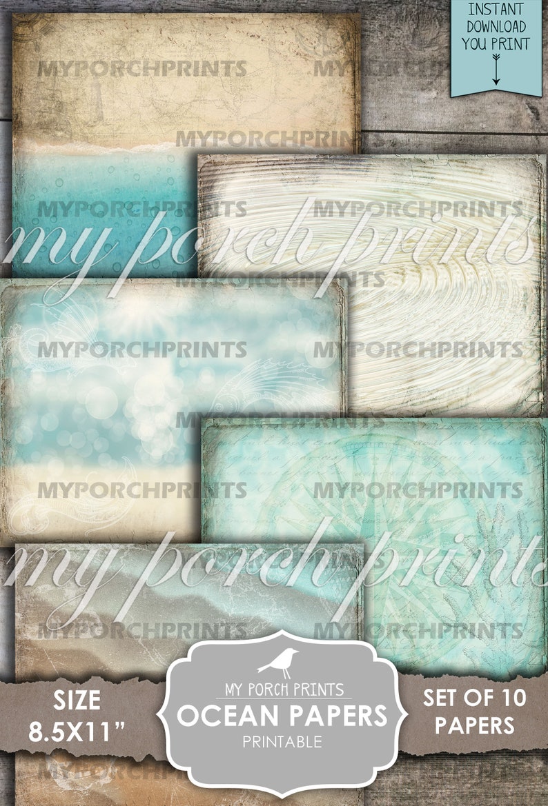 Junk Journal, Ocean Papers, Printable, Mermaid, Sea, Ocean, Paper, Nautical, Shell, Water, Beach, Blue, My Porch Prints, Digital Download image 3