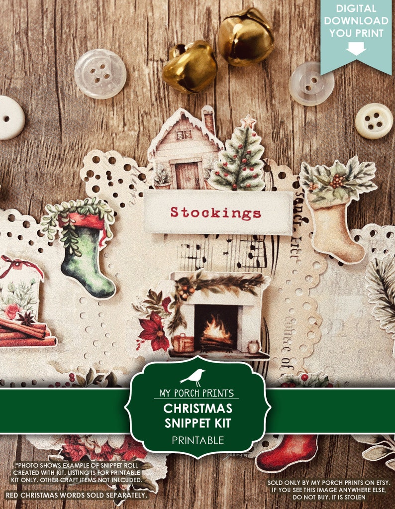 Pu&ograve; includere: Kit di ritagli di Natale stampabile con download digitale. Il kit include immagini di calze, un camino, una casa e altre decorazioni natalizie. Il kit &egrave; venduto da My Porch Prints su Etsy.