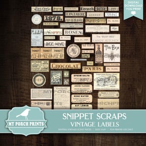 Snippet Scraps Vintage Labels, Junk Journal, Words, Numbers, Ephemera, Kit, Cricut, Neutral, My Porch Prints Printable Digital Download