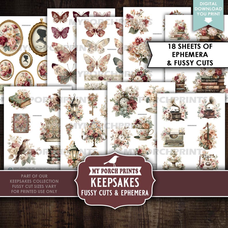 Keepsakes Junk Journal FUSSY CUTS & EPHEMERA, Burgundy, Vintage, Sepia ...