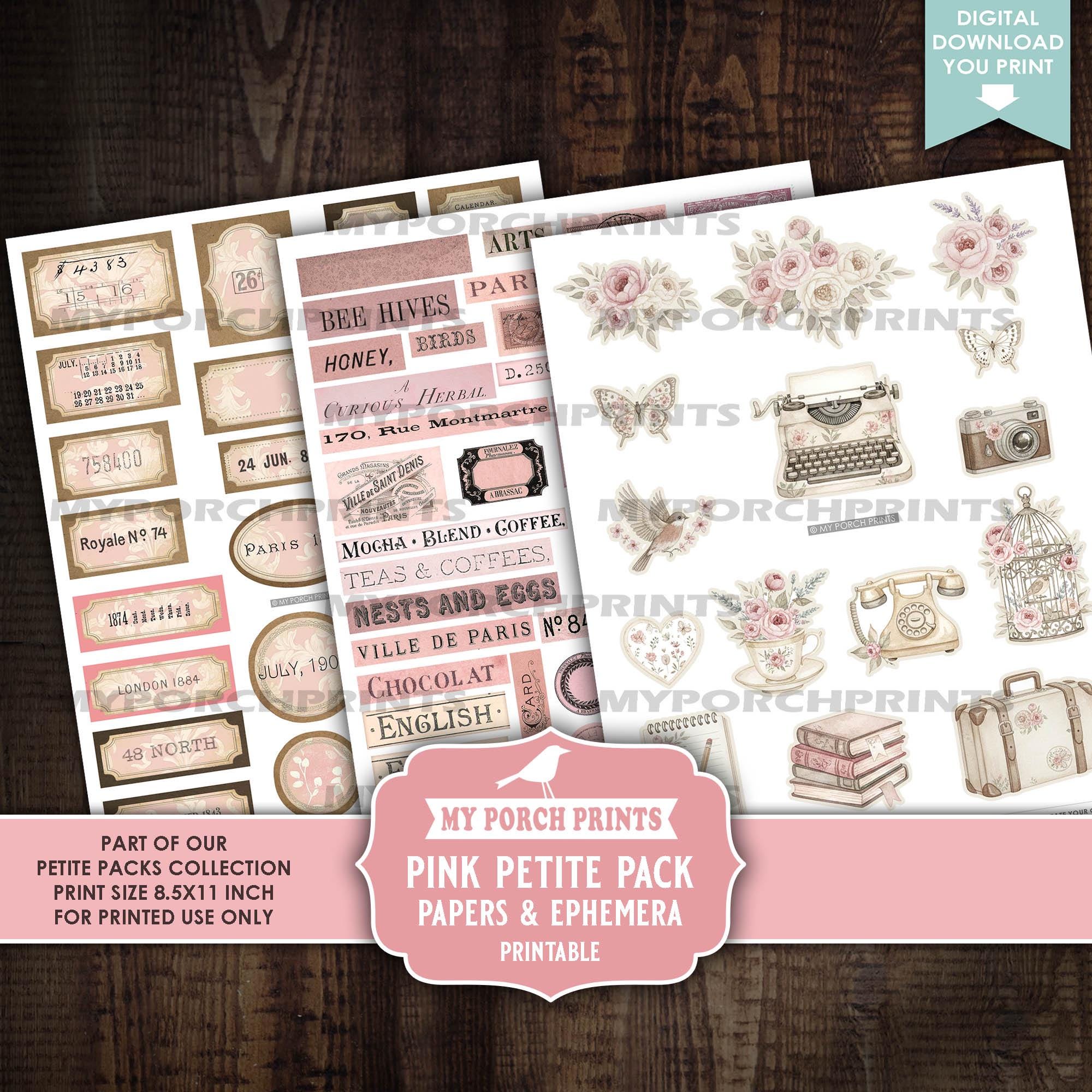 Pink Petite Pack Junk Journal Ephemera and Papers Kit, Shabby Numbers ...