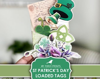 St. Patrick's Day, Loaded Tags, Junk Journal, Green, Paddy's, Saint, Patrick, Gift, Card, Kit, Printable, My Porch Prints, Digital Download