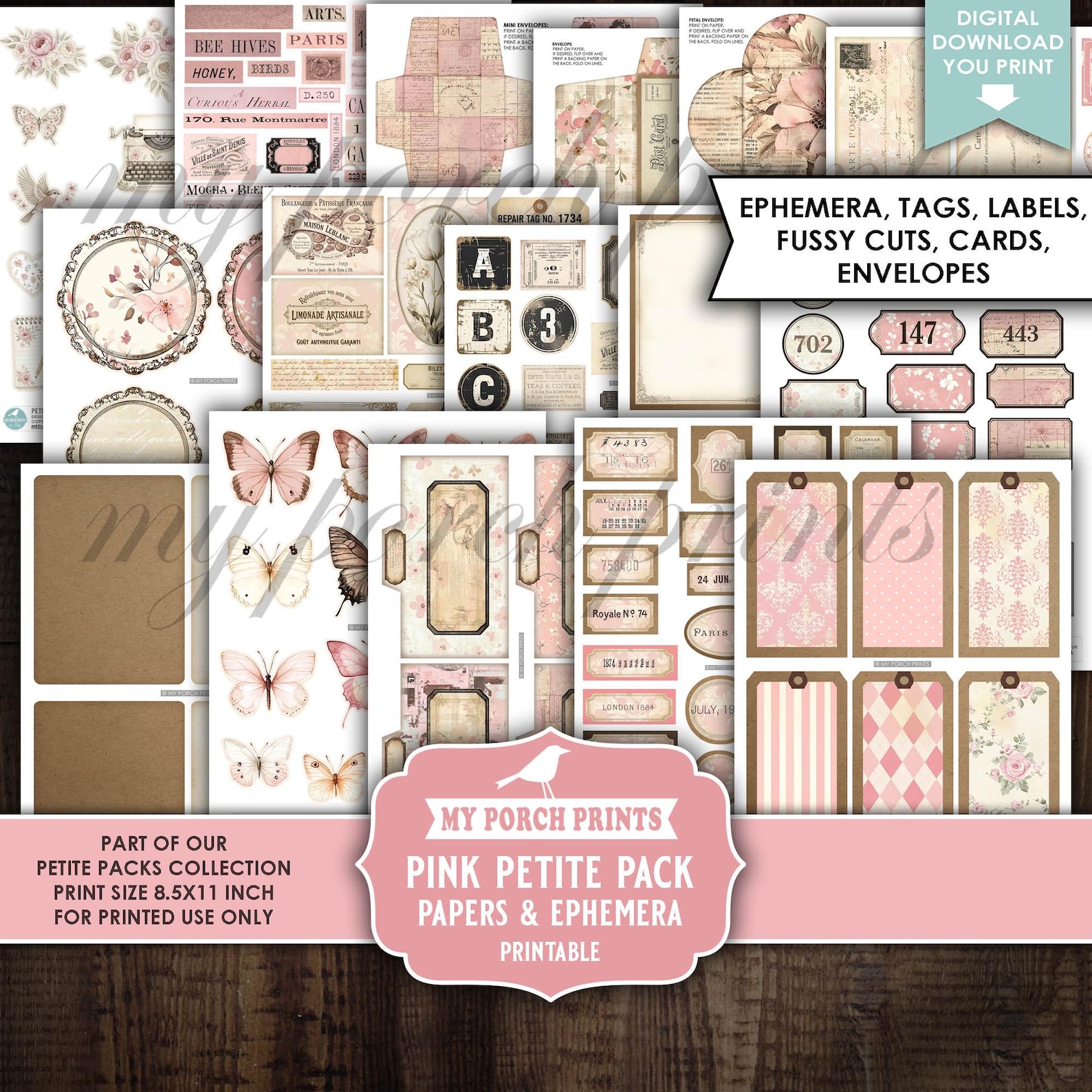 Pink Petite Pack Junk Journal Ephemera and Papers Kit, Shabby Numbers ...
