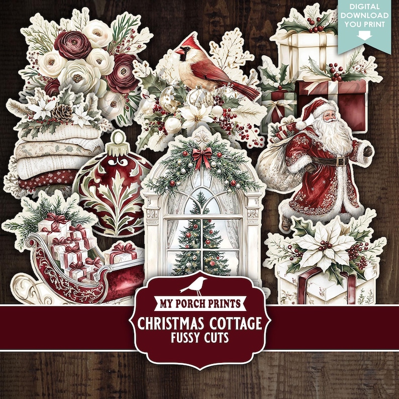 Christmas Cottage Junk Journal FUSSY CUTS, Vintage Holiday Red Green ...
