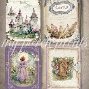 May include: Four vintage-style journals with ornate silver accents and whimsical illustrations. The covers feature a fairy tale castle, a fairy with wings, a crown with fairy wings, and a door with a blue frame.