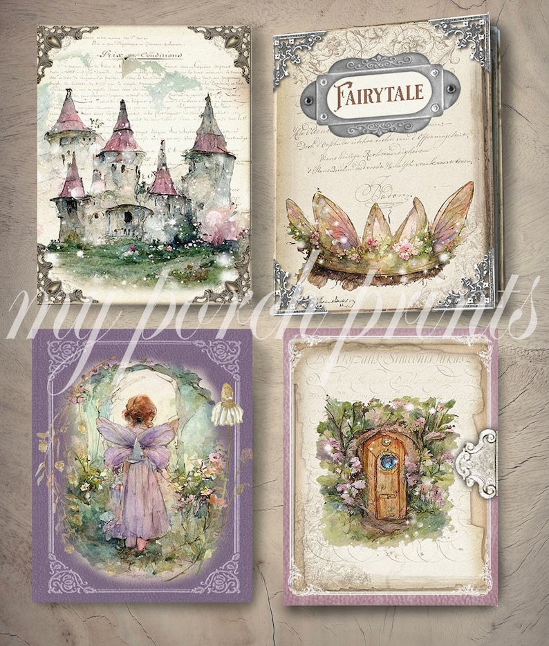 May include: Four vintage-style journals with ornate silver accents and whimsical illustrations. The covers feature a fairy tale castle, a fairy with wings, a crown with fairy wings, and a door with a blue frame.