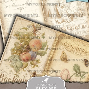 May include: A printable journal kit with a vintage aesthetic. The kit features images of bees, butterflies, flowers, and fruit. The text "Busy Bee Journal Kit" is printed in a gray box on a brown background.