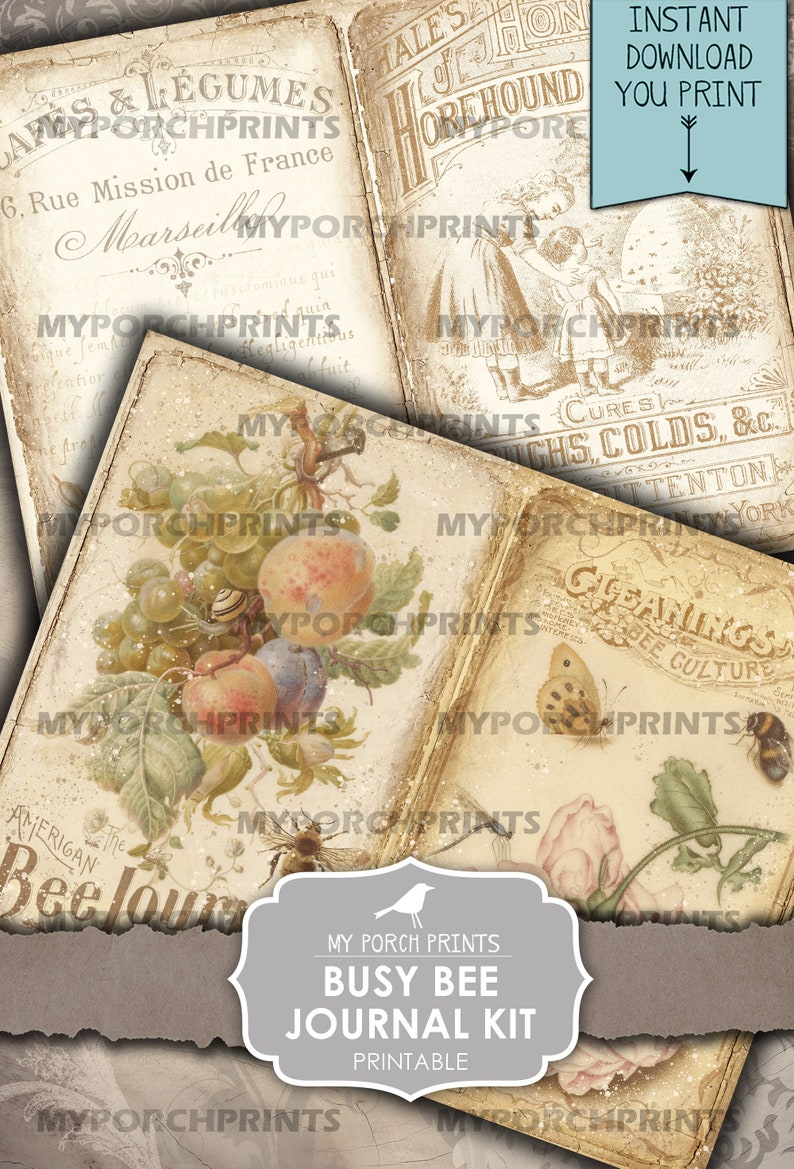 May include: A printable journal kit with a vintage aesthetic. The kit features images of bees, butterflies, flowers, and fruit. The text "Busy Bee Journal Kit" is printed in a gray box on a brown background.
