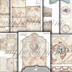 May include: Printable journal kit with a shabby steampunk theme. The kit includes 9 sheets of envelopes and pockets with a vintage, distressed look. The designs feature roses, butterflies, clocks, and hot air balloons.