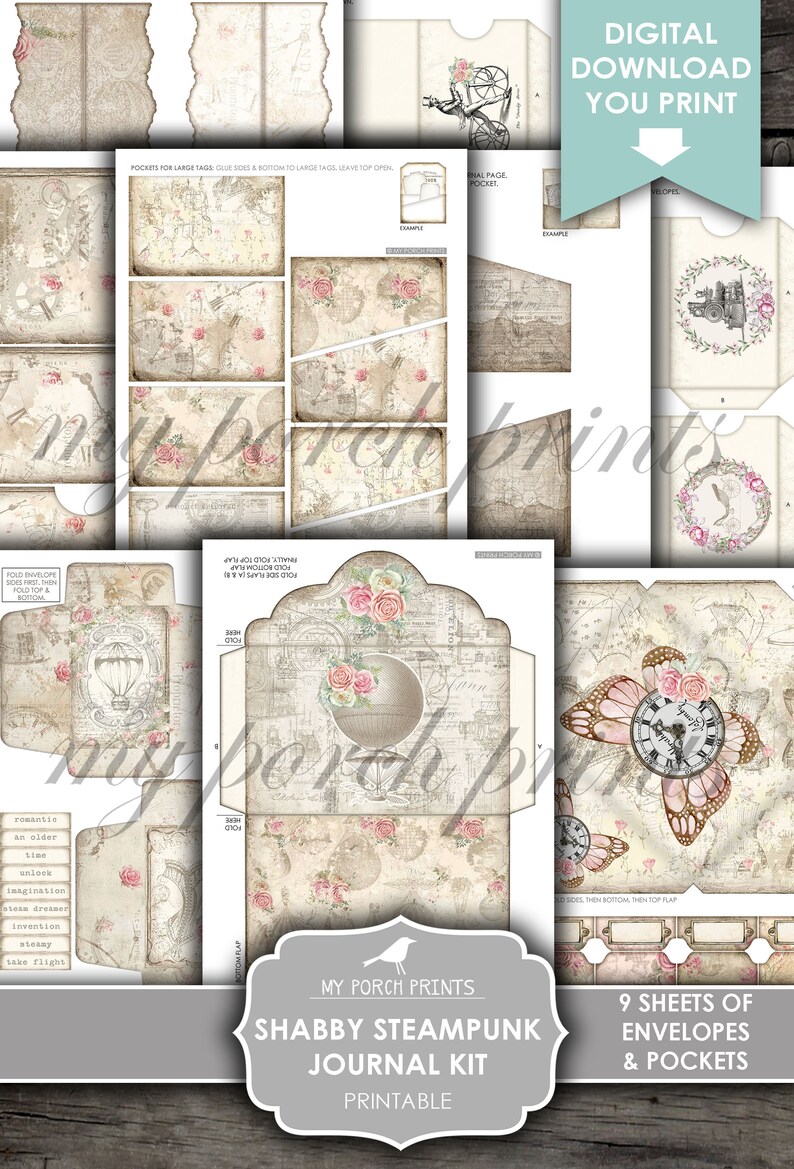 May include: Printable journal kit with a shabby steampunk theme. The kit includes 9 sheets of envelopes and pockets with a vintage, distressed look. The designs feature roses, butterflies, clocks, and hot air balloons.