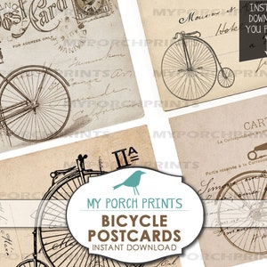 May include: Four vintage-style printable postcards featuring illustrations of bicycles. The postcards are in black and white and have a distressed, aged look. The text on the postcards includes "Postcard", "Carte Postale", and "Instant Download".