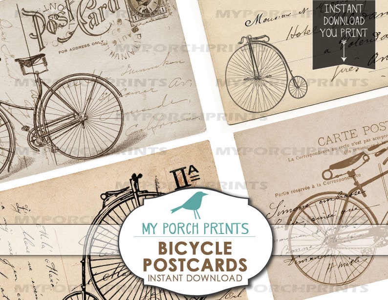 May include: Four vintage-style printable postcards featuring illustrations of bicycles. The postcards are in black and white and have a distressed, aged look. The text on the postcards includes "Postcard", "Carte Postale", and "Instant Download".