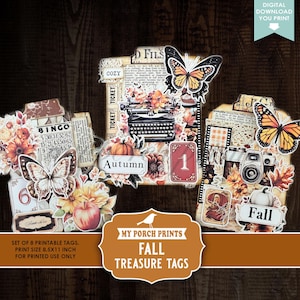 Może przedstawiać: Zestaw drukowanych etykiet skarbów jesieni z motylami, dyniami i elementami vintage. Etykiety zawierają słowa "Autumn" i "Fall". Rozmiar wydruku: 21,6 x 27,9 cm. Zawiera maszynę do pisania.