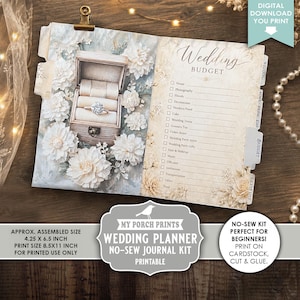 Peut inclure: Un kit de journal de planification de mariage imprimable comprenant une page de liste de contrôle budgétaire avec le texte Wedding Budget et une liste de catégories. La page affiche un graphique d'une bague dans une boîte entourée de fleurs blanches.