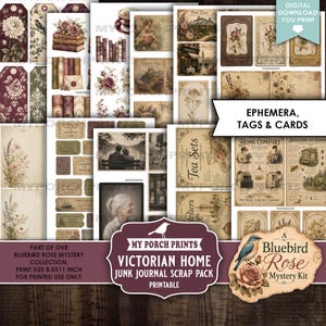 May include: A digital download scrap pack featuring Victorian-style ephemera, tags, and cards. The collection includes vintage illustrations of flowers, books, landscapes, and people, with text elements like 'Tea Sets' and 'Home Comfort' on 8.5x11 inch sheets.