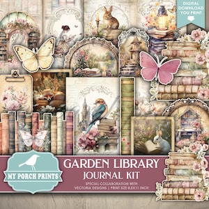 Garden Library Junk Journal Kit, Animal Forest Book Lover Magic Woodland Girls Fairytale Spring My Porch Prints, Printable Digital Download