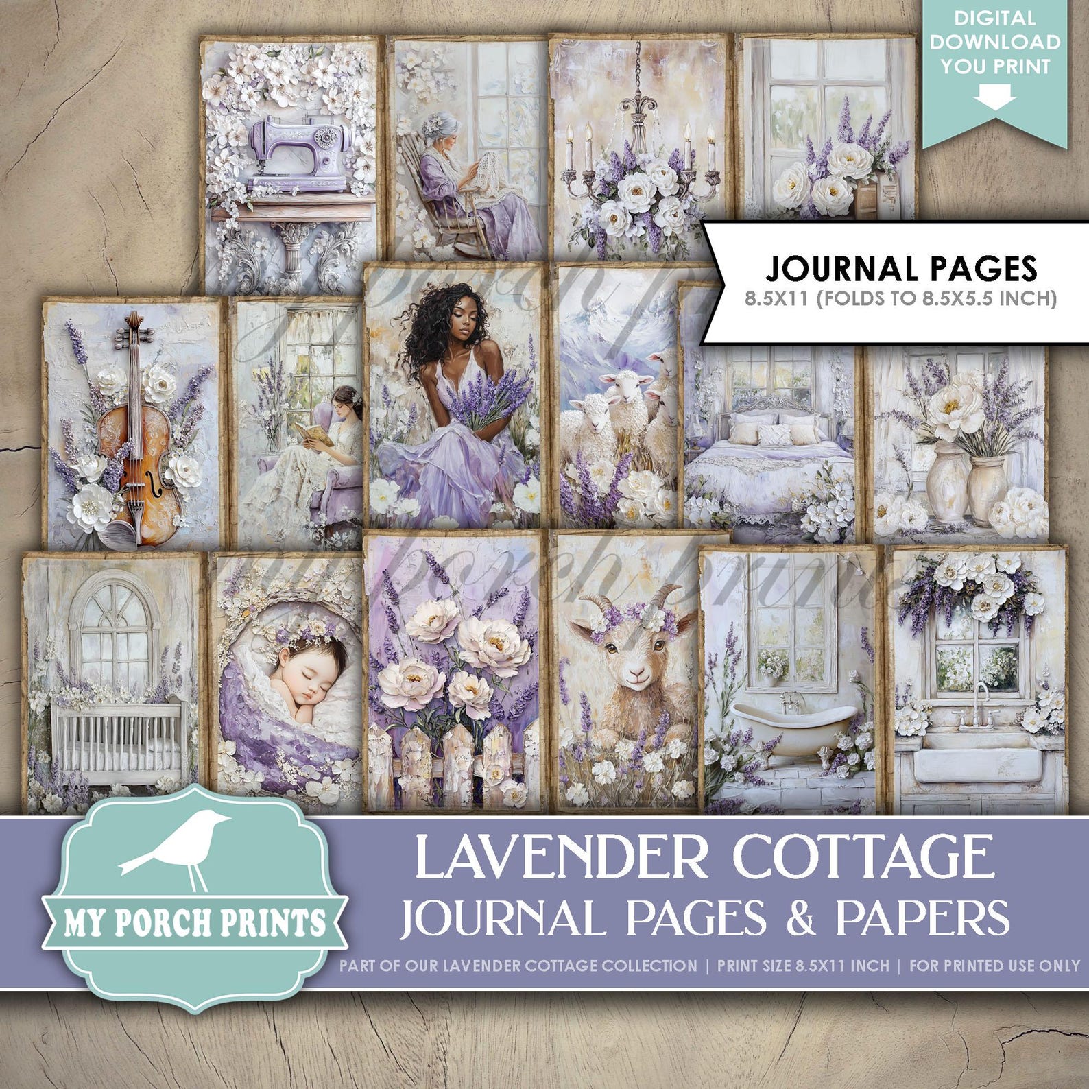 Lavender Cottage Junk Journal PAGES & PAPERS, Vintage, Purple, Ivory ...